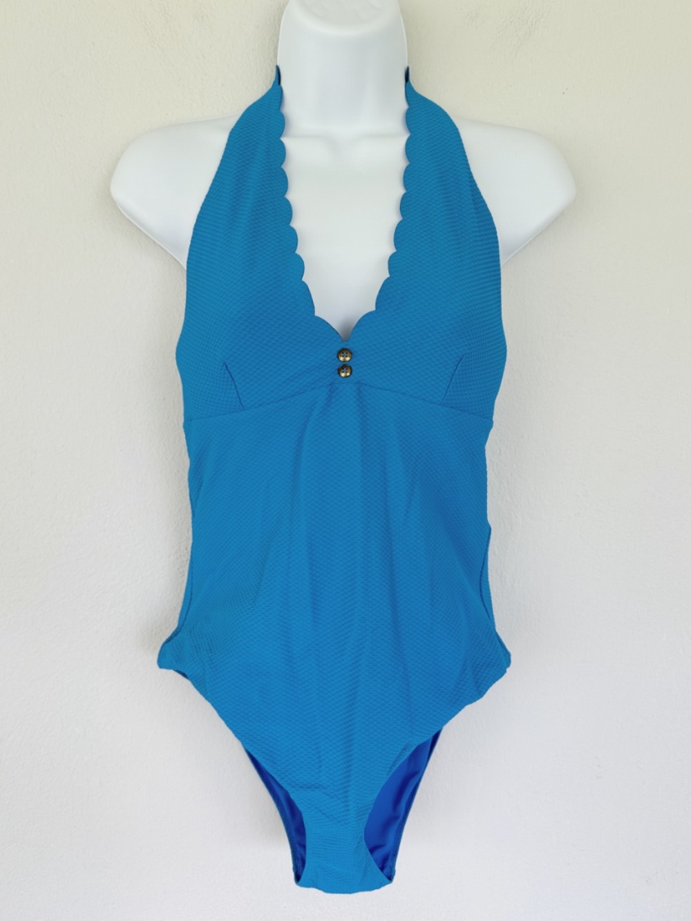 Heidi Klein bright blue scallop trim button v-neck halter bathing suit large